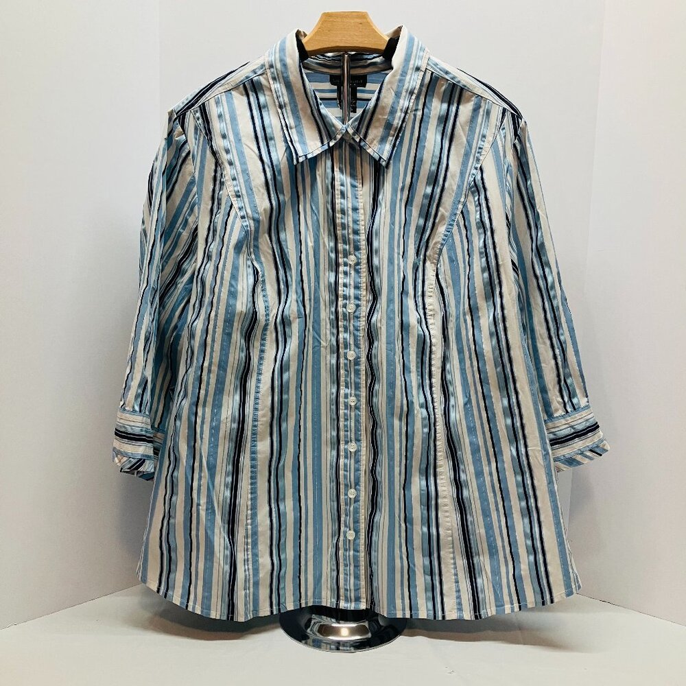 Lane Bryant Women's Blue‎ White Striped 3/4 Sleeve Button Up Top Shirt 26/28W